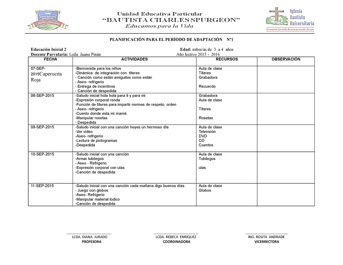 Planificacion DE Septiembre Todas - PLANIFICACIÓN PARA EL PERÍODO DE  ADAPTACIÓN Nº Educación Inicial - Studocu