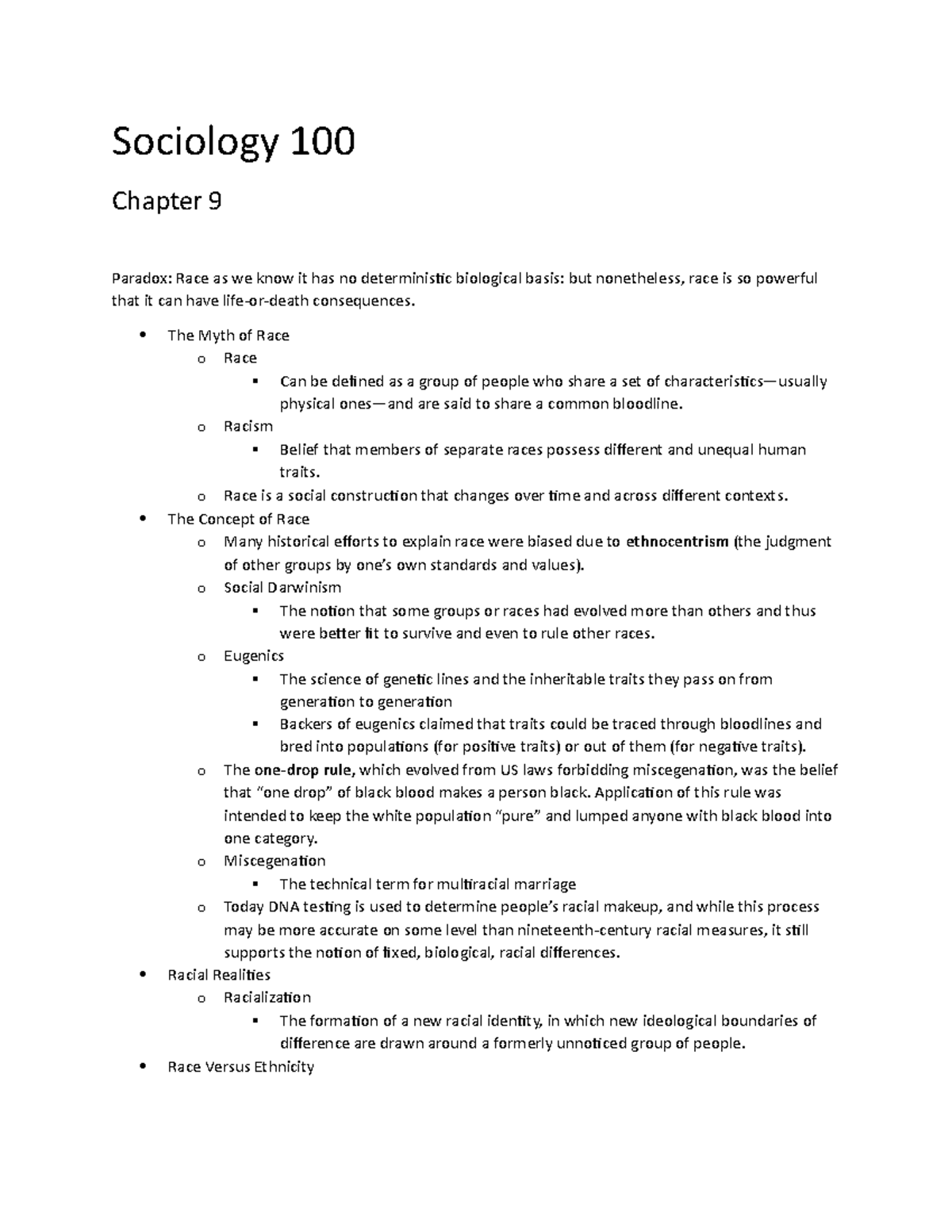 Soci 100 Ch. 9 - Lecture Notes - Sociology 100 Chapter 9 Paradox: Race ...