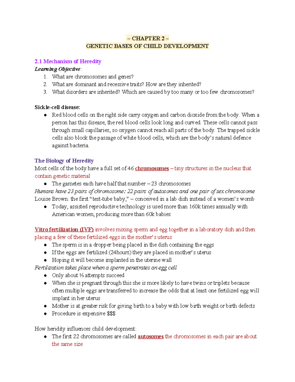 Chapter 2 - Summary Child Development - ~ CHAPTER 2 ~ GENETIC BASES OF ...