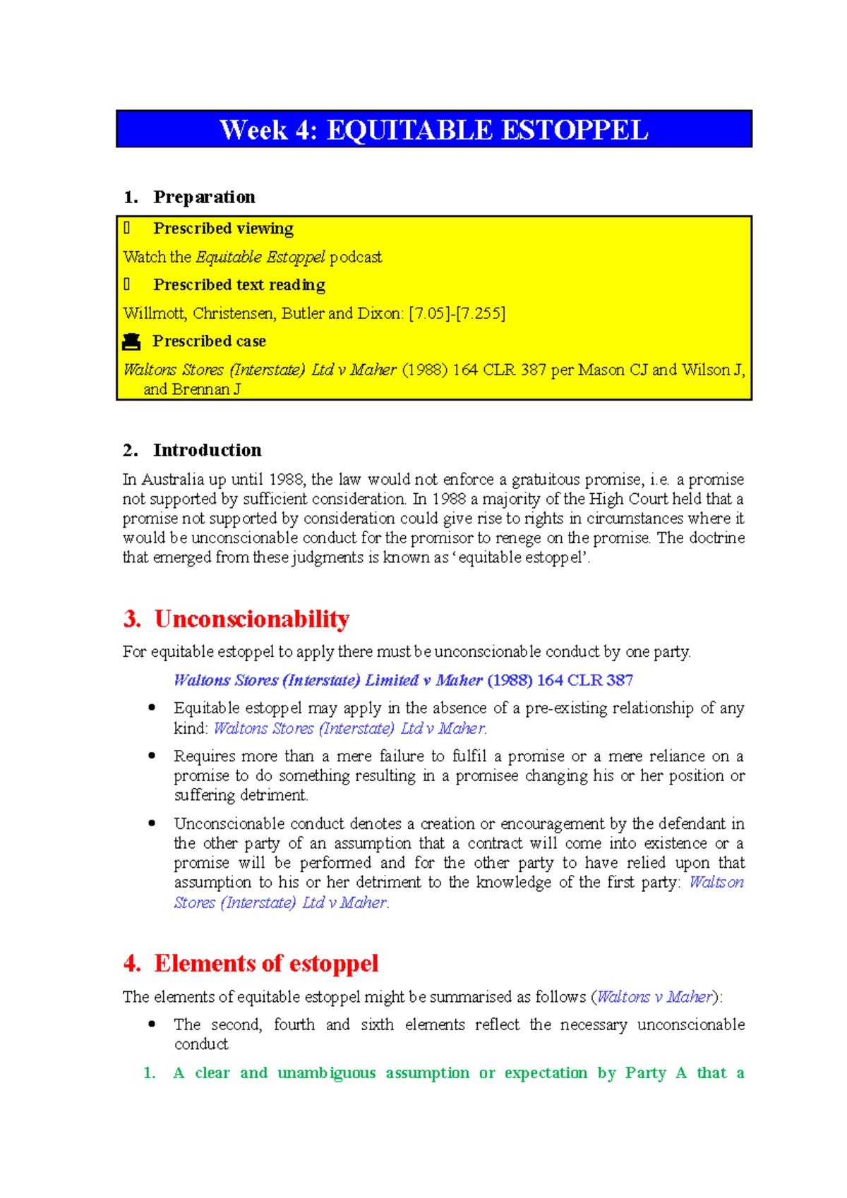 Equitable Estoppel Notes Llb202 Contract Law Qut Studocu
