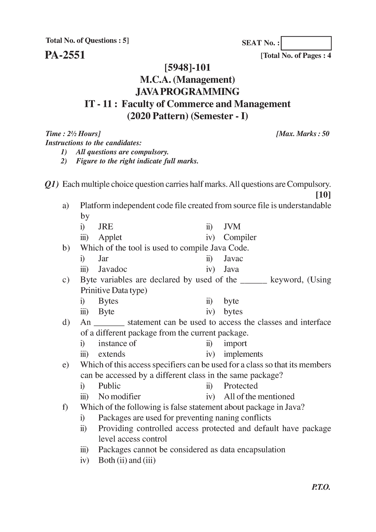 MCA ( Management ) 2020 Pattern - [5948]-101 1 Total No. Of Questions ...