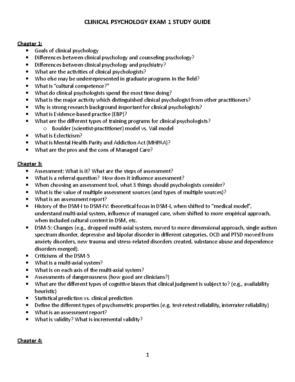 Exam 1 P150c Study Guide - CLINICAL PSYCHOLOGY EXAM 1 STUDY GUIDE ...