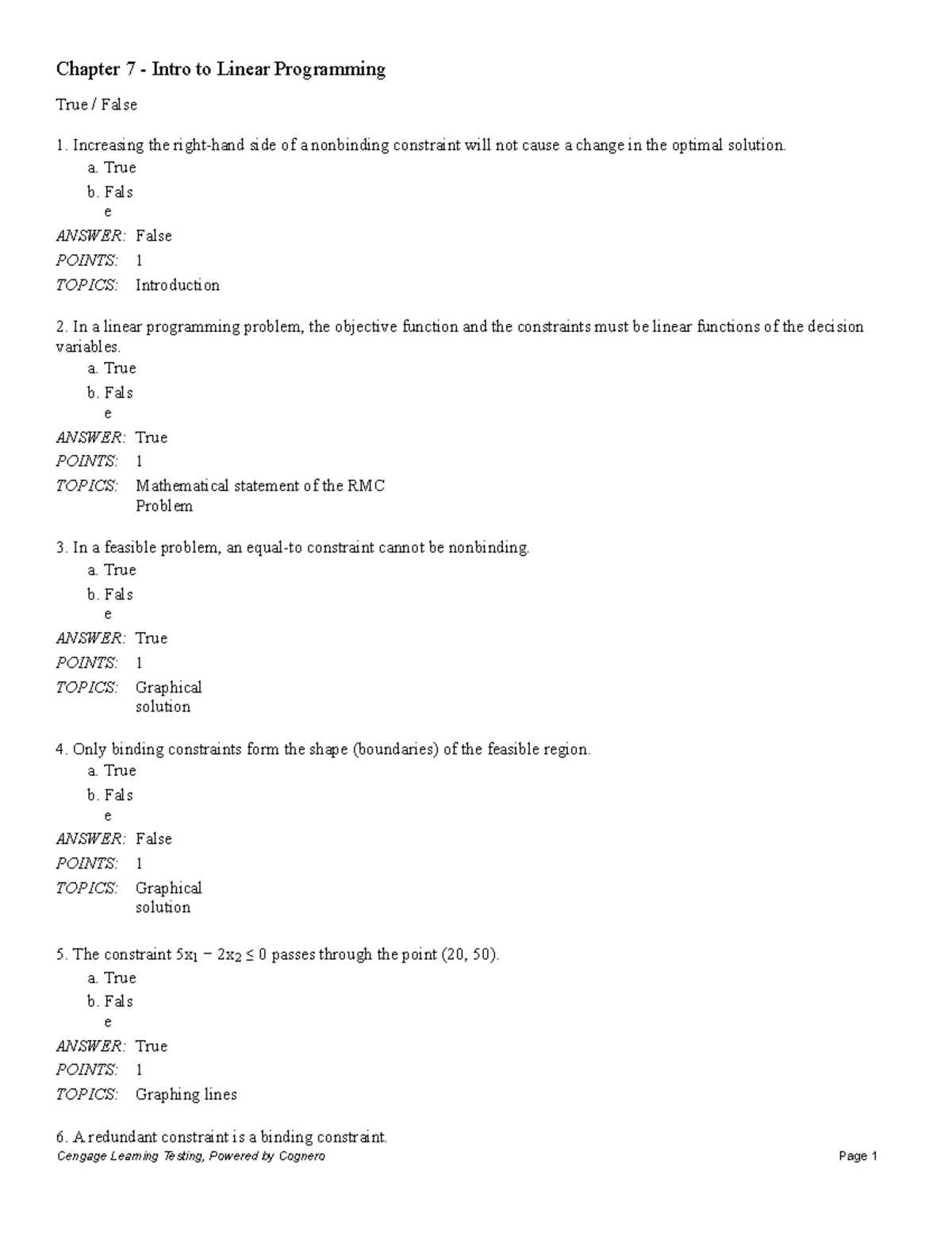 Chapter 7 Intro to Linear Programming test bank for exams - True ...