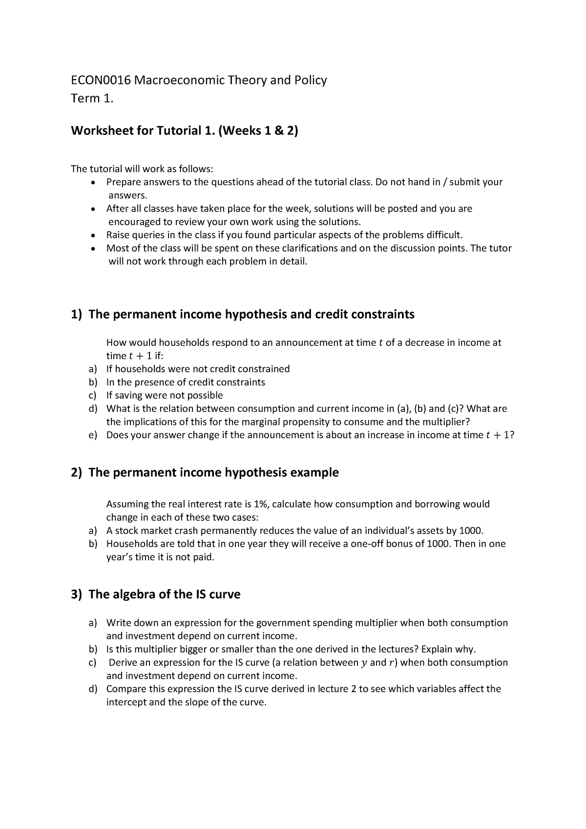 Problem Set 1 - ECON0016 Macroeconomic Theory And Policy Term 1 ...