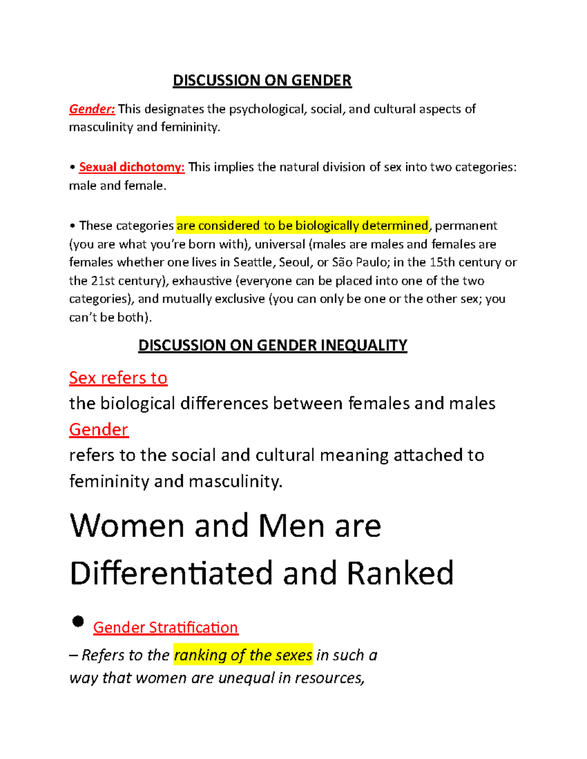 Sociology 8 Chap2 Notes On Gender Feminism And Gender Inequality Great Practice For 