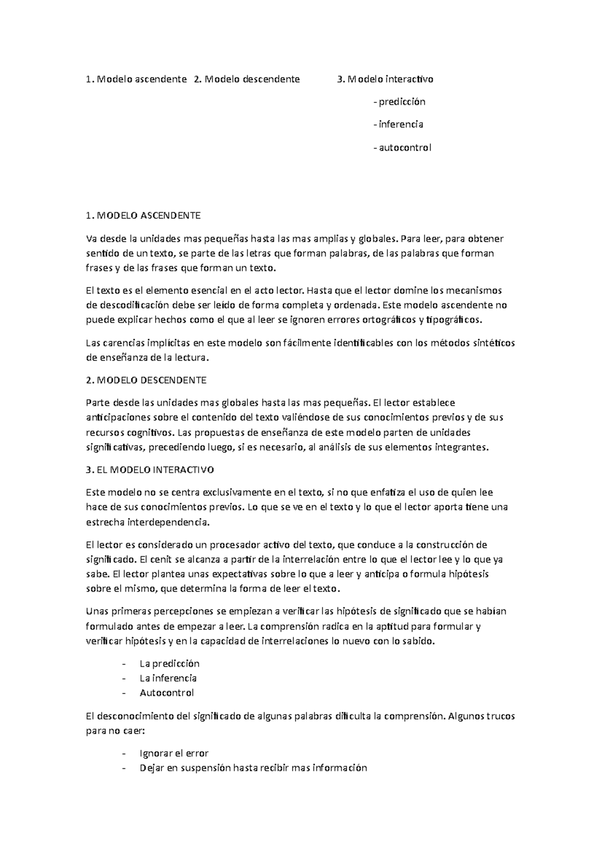 El proceso de lectura- perspectiva interactiva - Modelo ascendente 2. Modelo  descendente 3. Modelo - Studocu