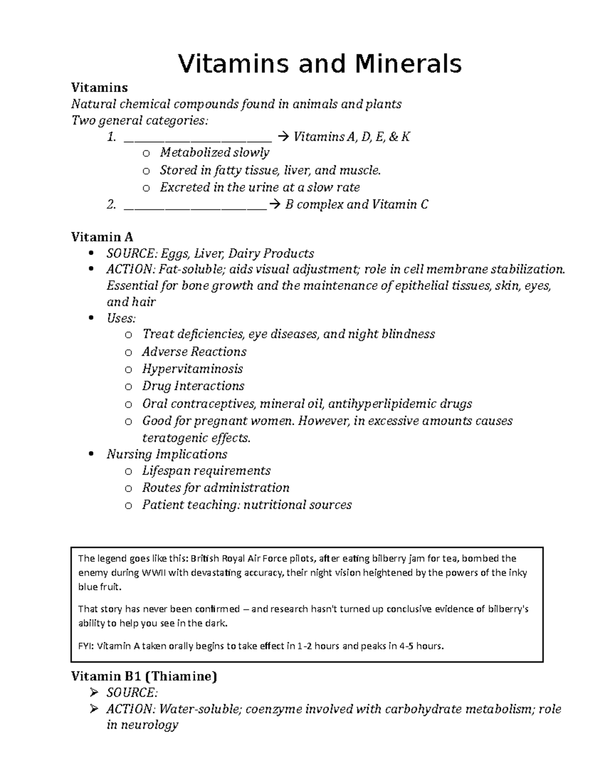 Vitamins and Minerals - Learner Notes - Vitamins and Minerals Vitamins ...