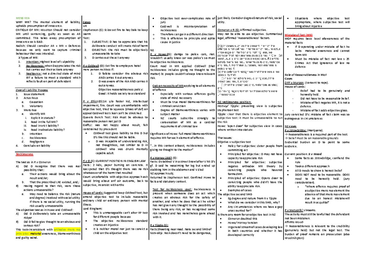 214 T2 cheat sheet - MENS REA WHY MR? The mental element of liability ...