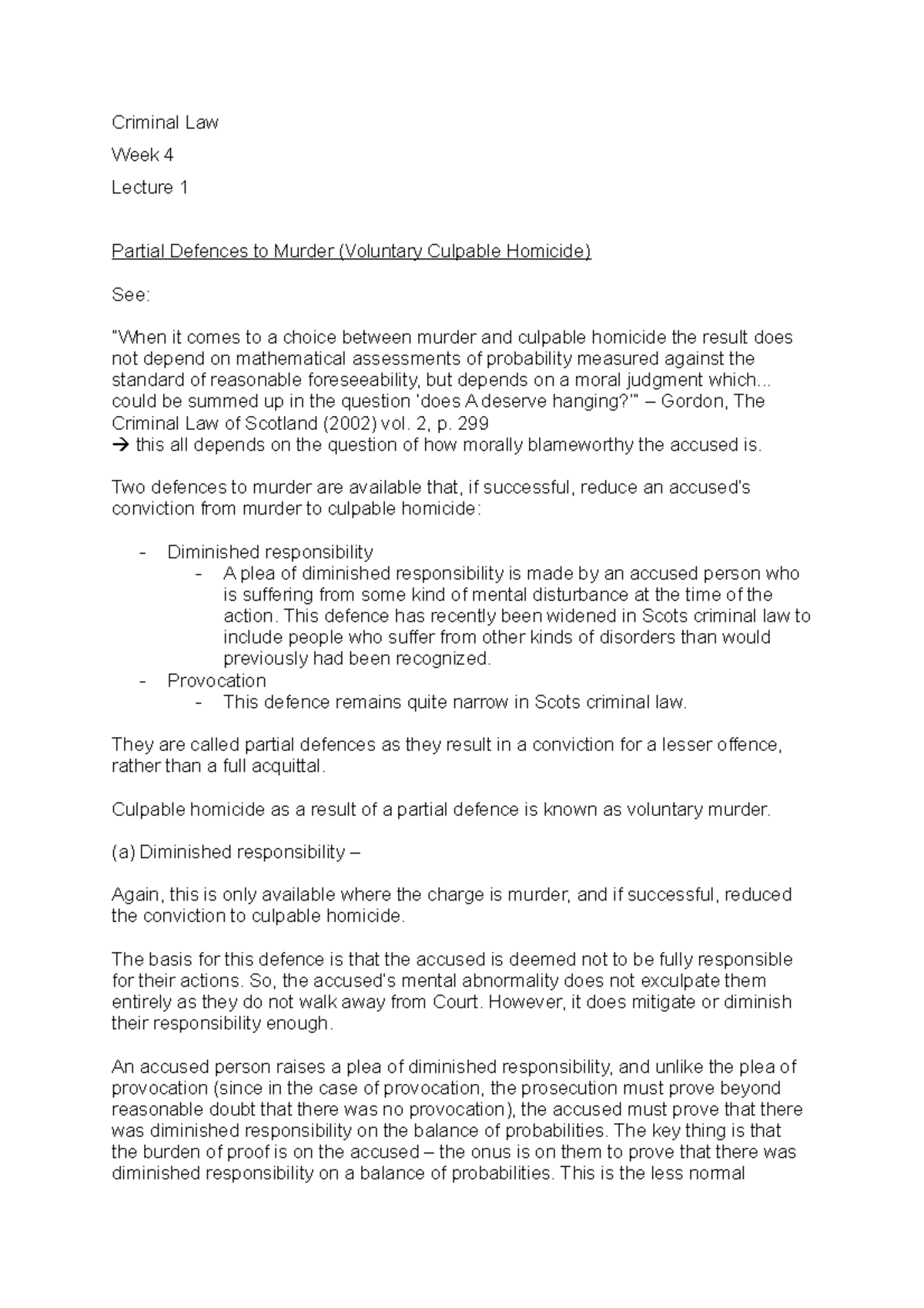 Lecture 7 - Notes for W4 L1 - Criminal Law Week 4 Lecture 1 Partial ...