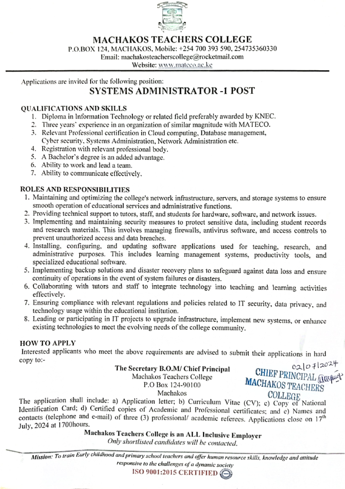 System Administrator - Notes - MACHAKOS TEACHERS COLLEGE P.O 124 ...