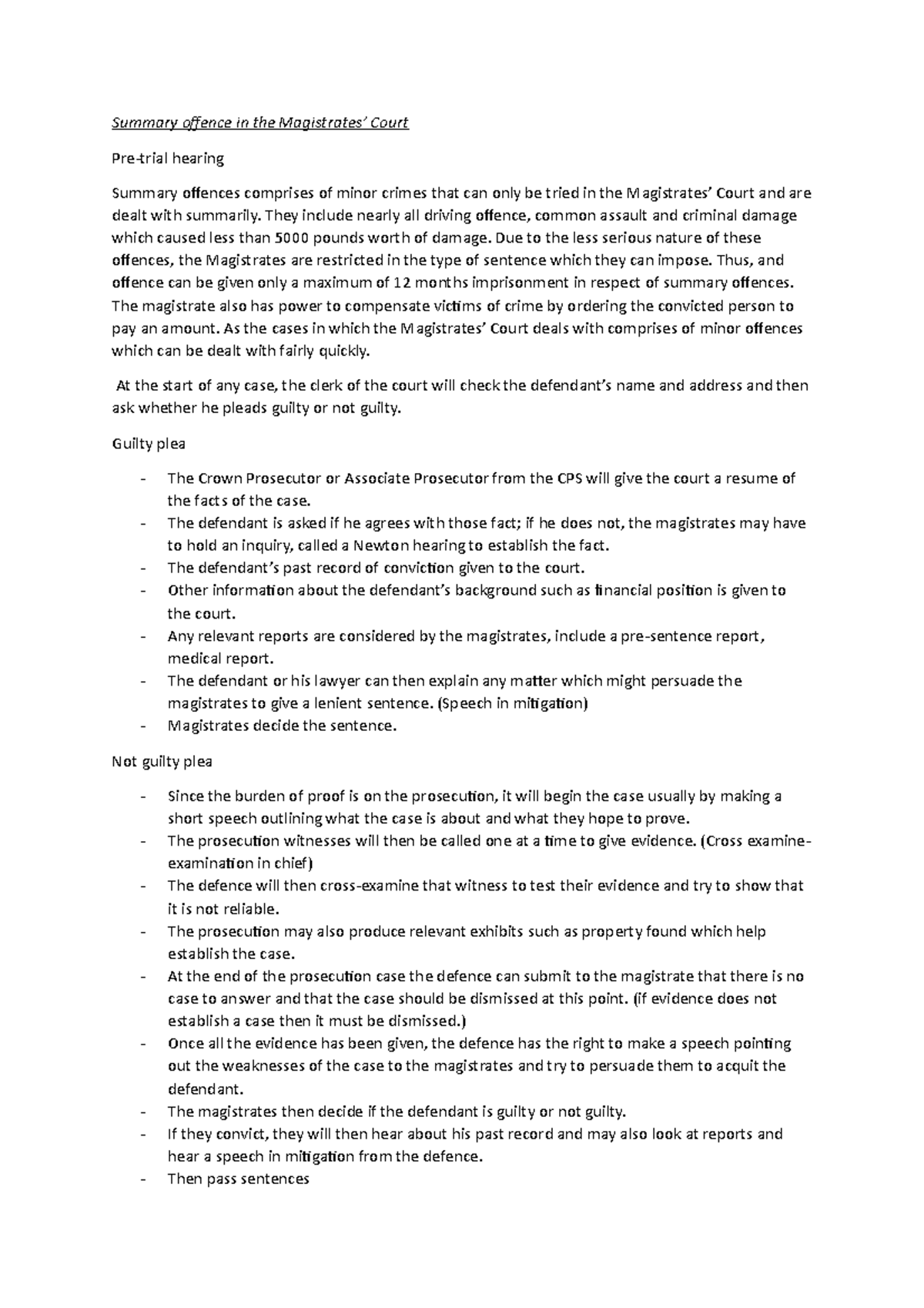 Criminal Courts and Appeals Summary offence in the Magistrates’ Court