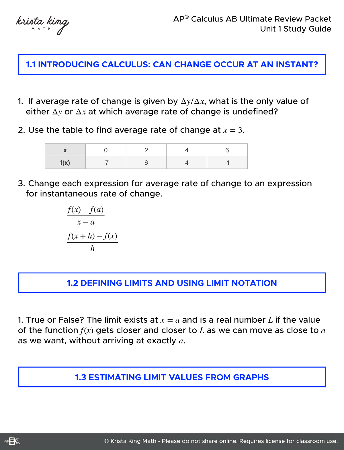Can Change Occur At An Instant Unit 1 Review Video Study Guide - 1 INTRODUCING CALCULUS: CAN CHANGE