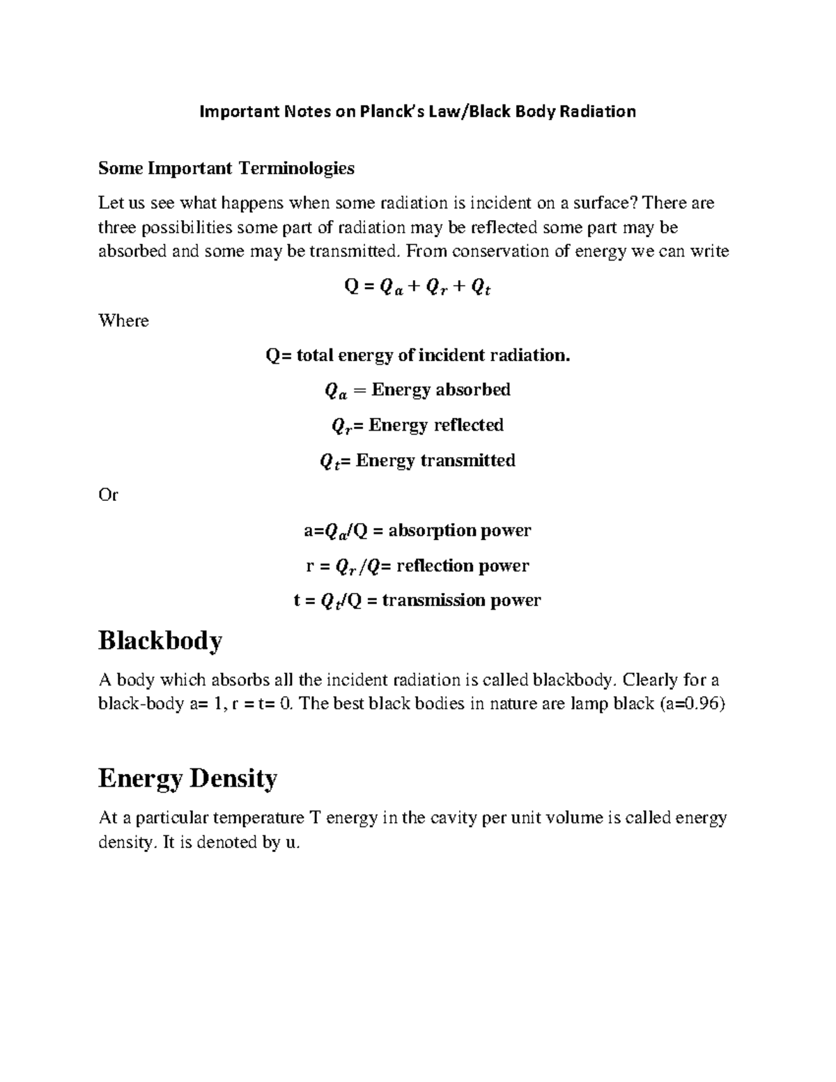 1. Black Body Radiation Short Notes Important Notes on Planck’s Law