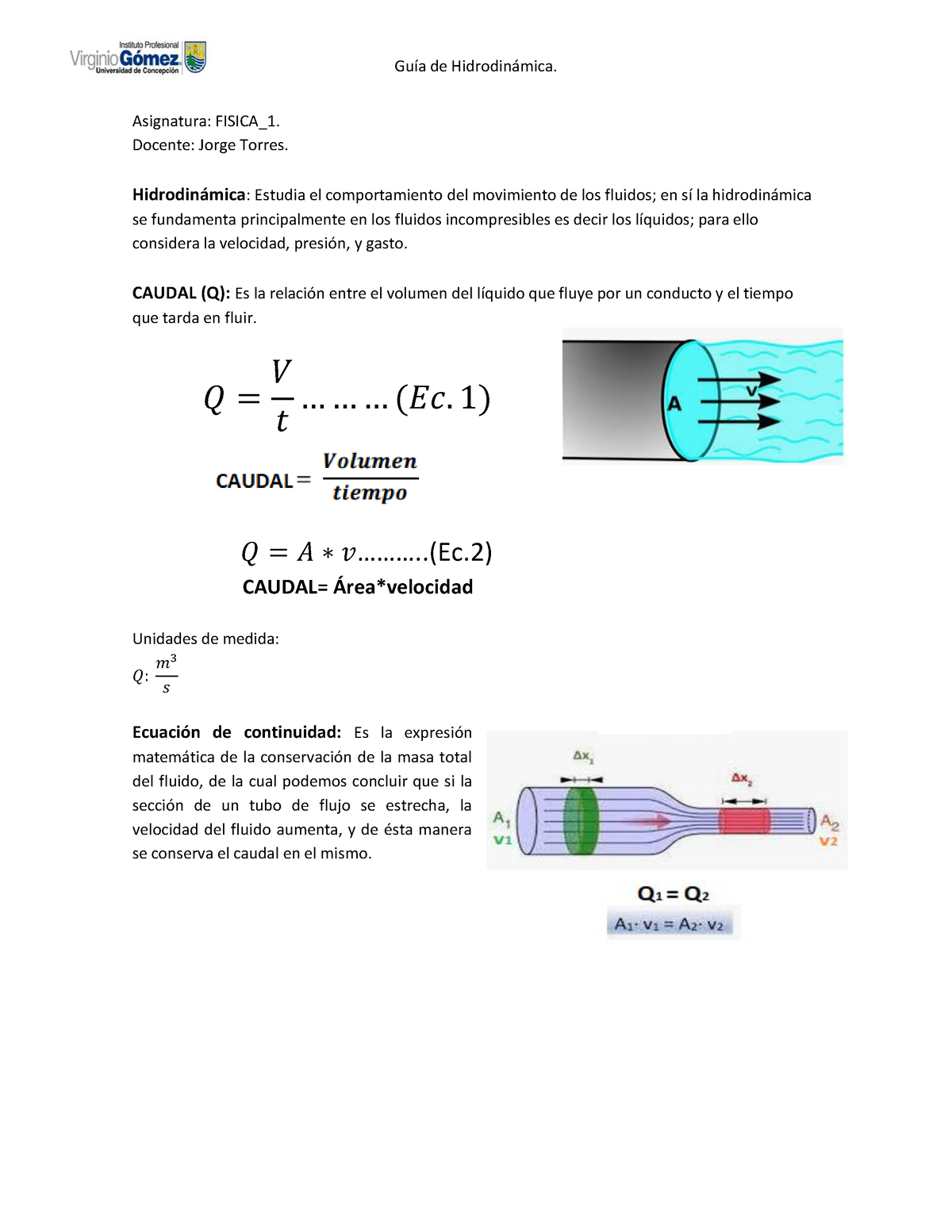 Guia De Hidrodinámica Fisica 1 - GuÌa De Hidrodin·mica. Asignatura ...