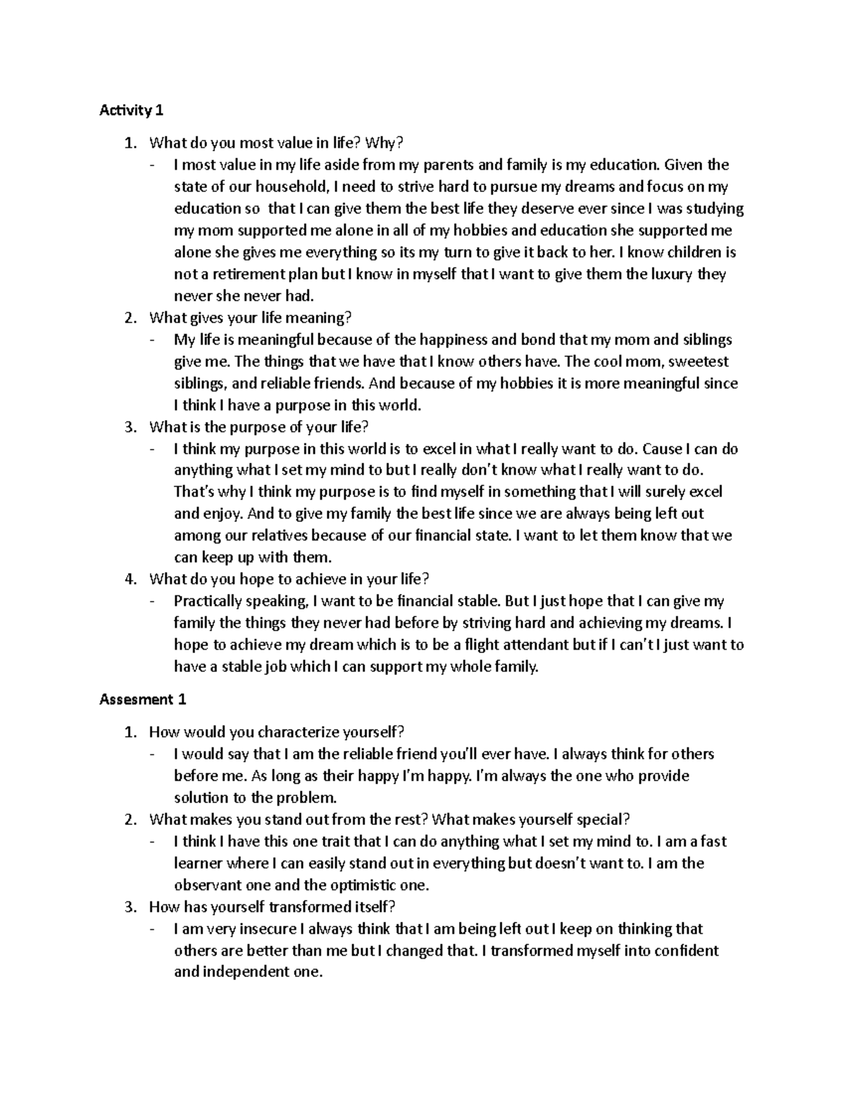 UTS ACT 1 ASS 1 - activity 1 - Activity 1 What do you most value in ...