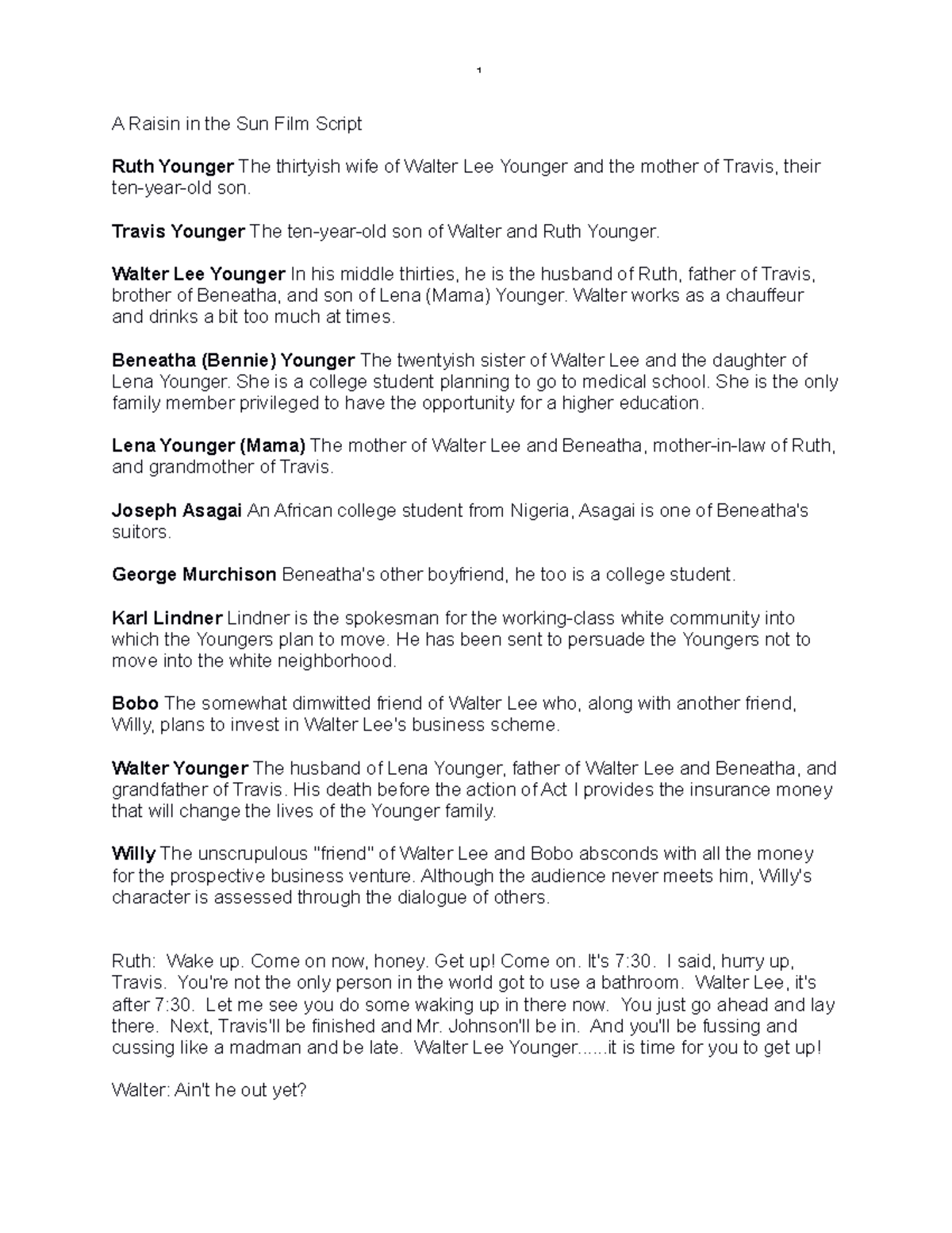 A Raisin in the Sun Film Script Travis Younger The tenyearold son