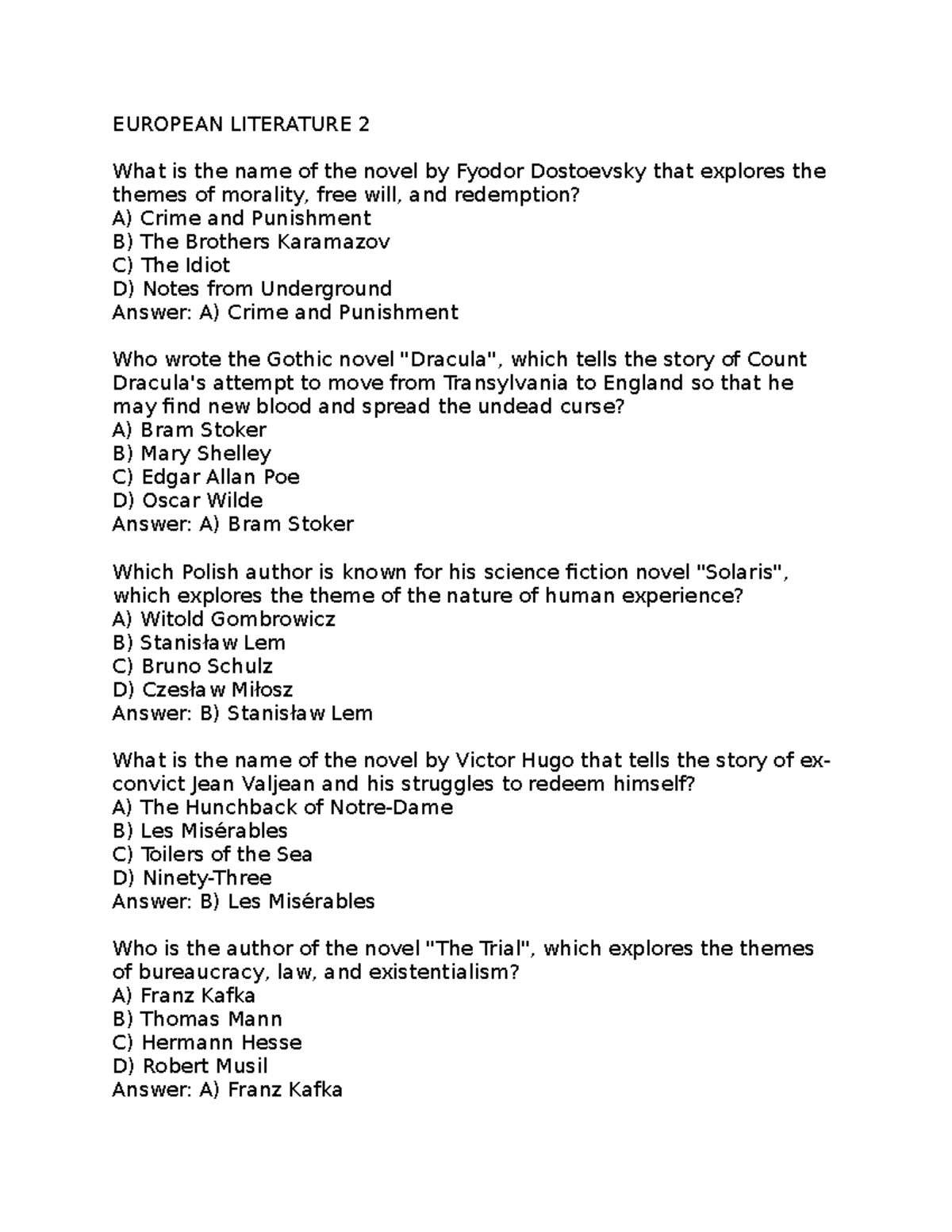European Literature 2 - QUIZ - EUROPEAN LITERATURE 2 What is the name ...