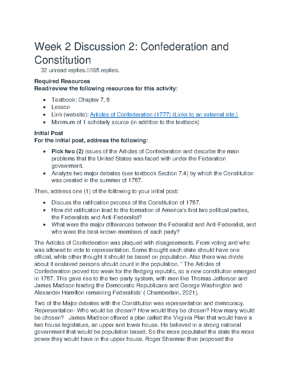 Document 1 - Week 2 Discussion 2 - Week 2 Discussion 2: Confederation ...