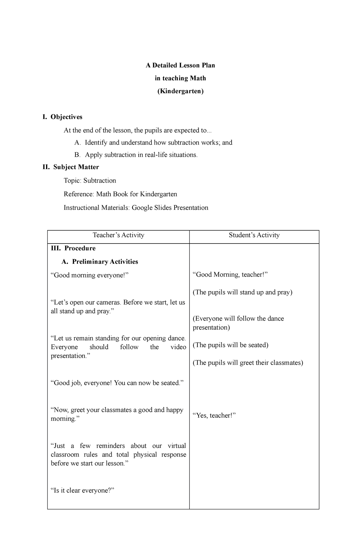 Detailed Lesson Plan MATH Kindergarten Subtraction A Detailed 