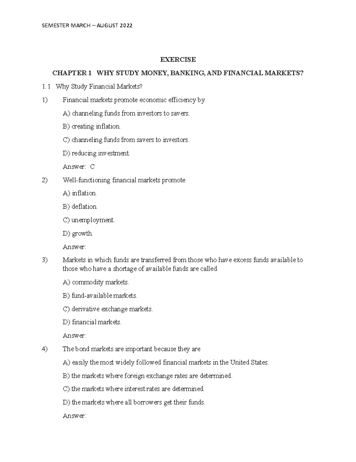 Question Exercise Chapter 1 - EXERCISE CHAPTER 1 WHY STUDY MONEY ...