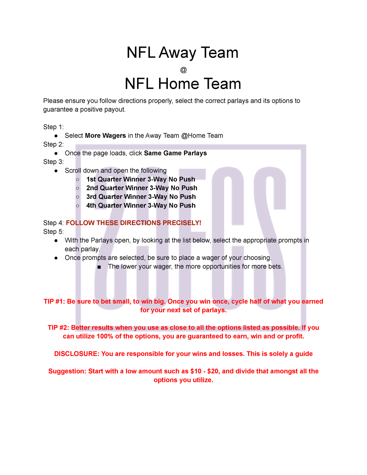 NFL Parlay Cheat Sheet Scfcs - NFL Away Team @ NFL Home Team Please ensure  you follow directions - Studocu