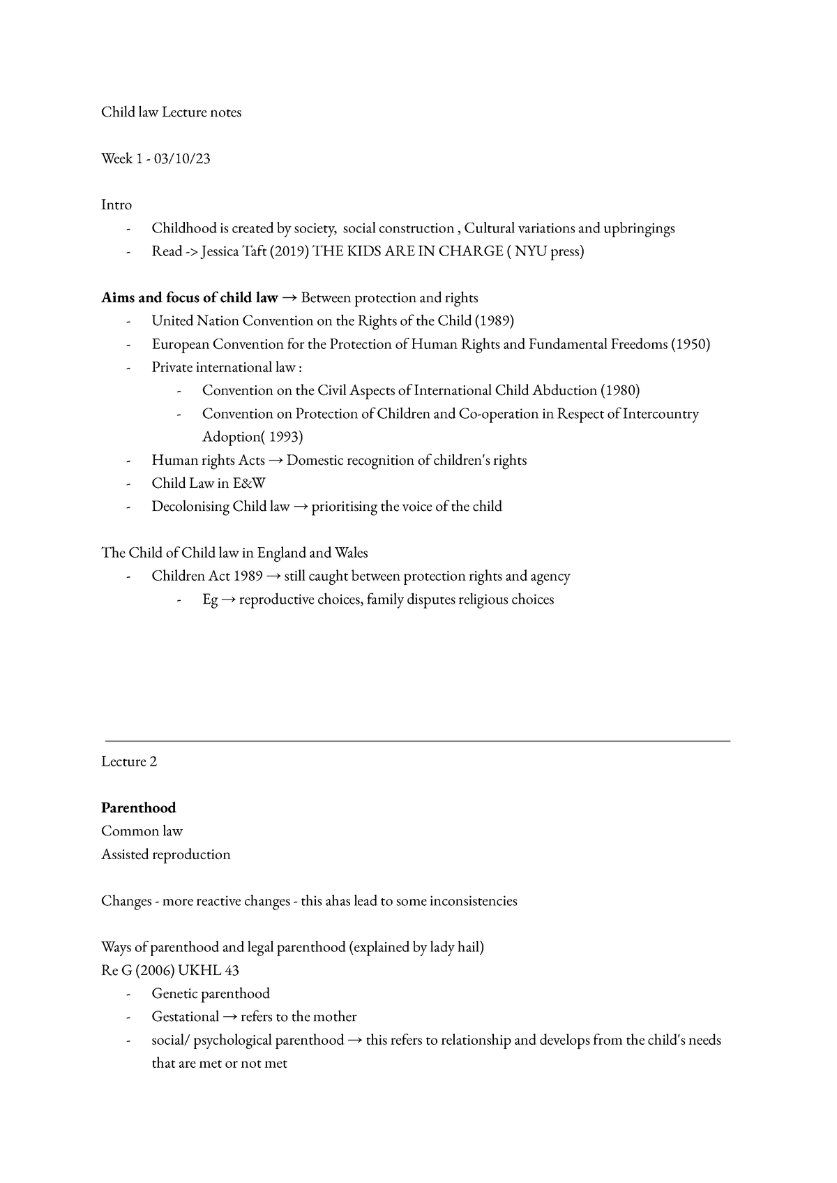 Child Law notes up to week 5 Child law Lecture notes Week 1 03/10