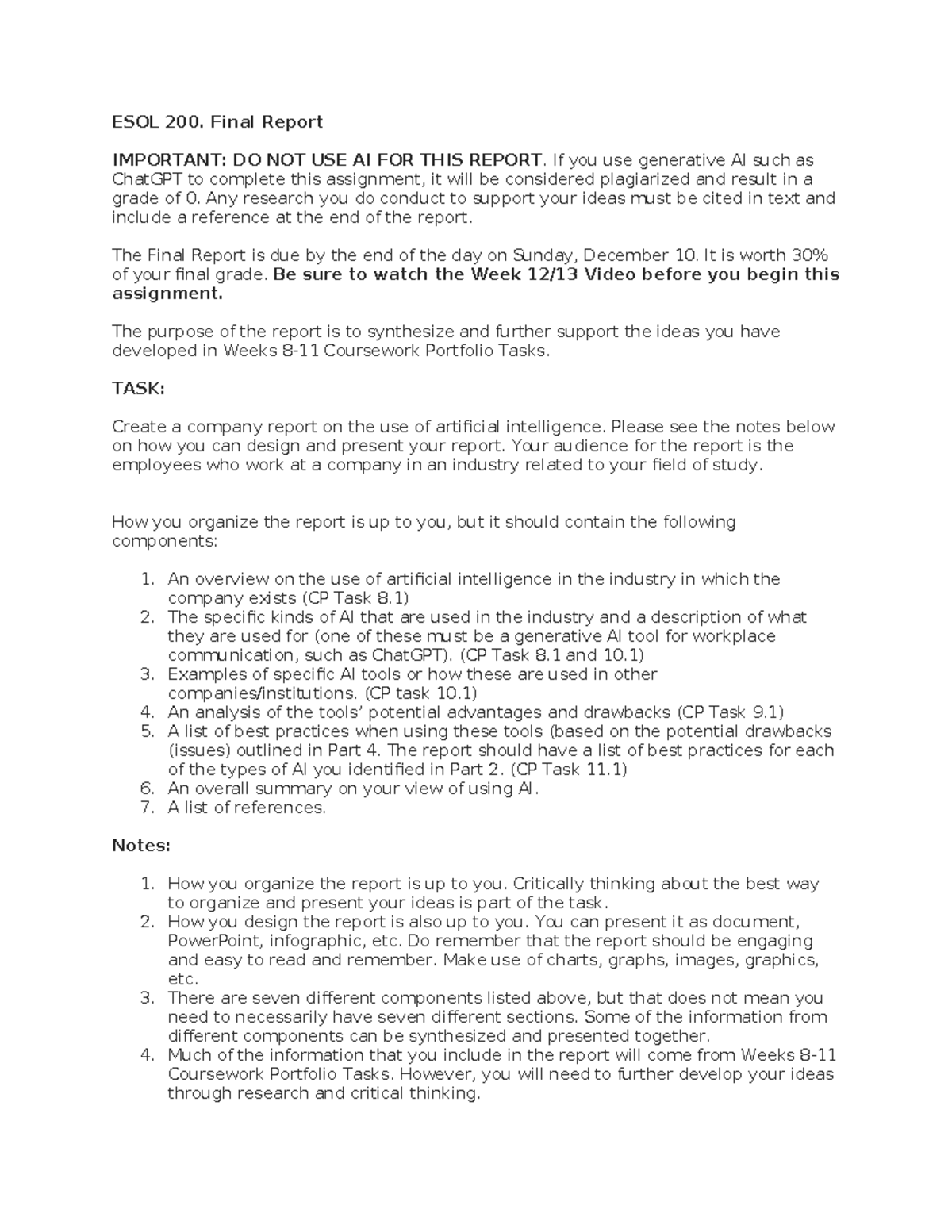 CP Task Questionnaire - ESOL 200. Final Report IMPORTANT: DO NOT USE AI ...