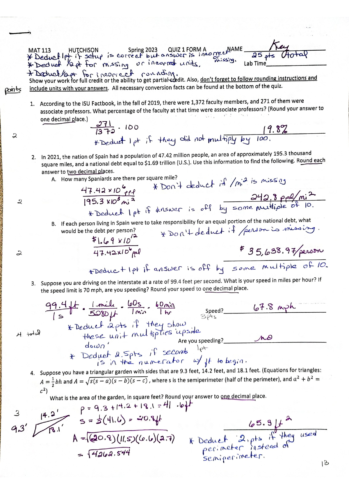 Quiz 1 Key Spring 2023 - mat 113 - MAT 113 - Studocu