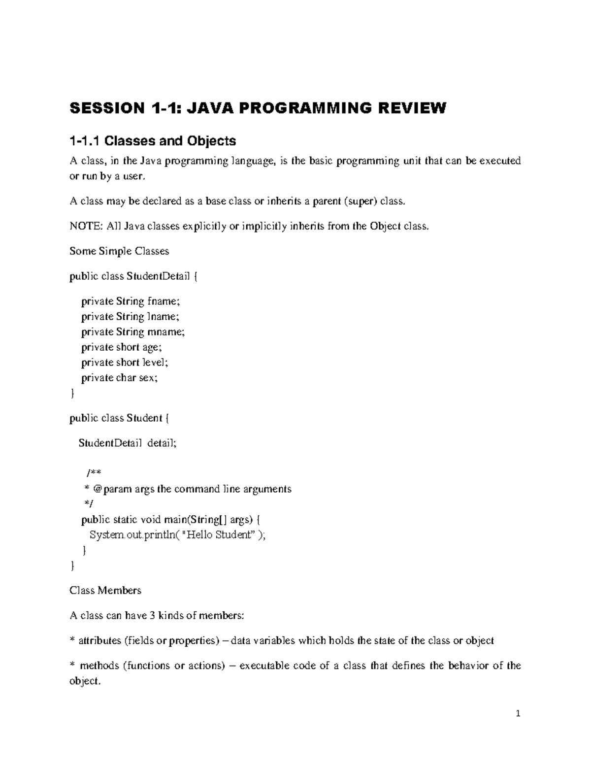 Unit 1 - lecture note - SESSION 1-1: JAVA PROGRAMMING REVIEW 1-1 ...