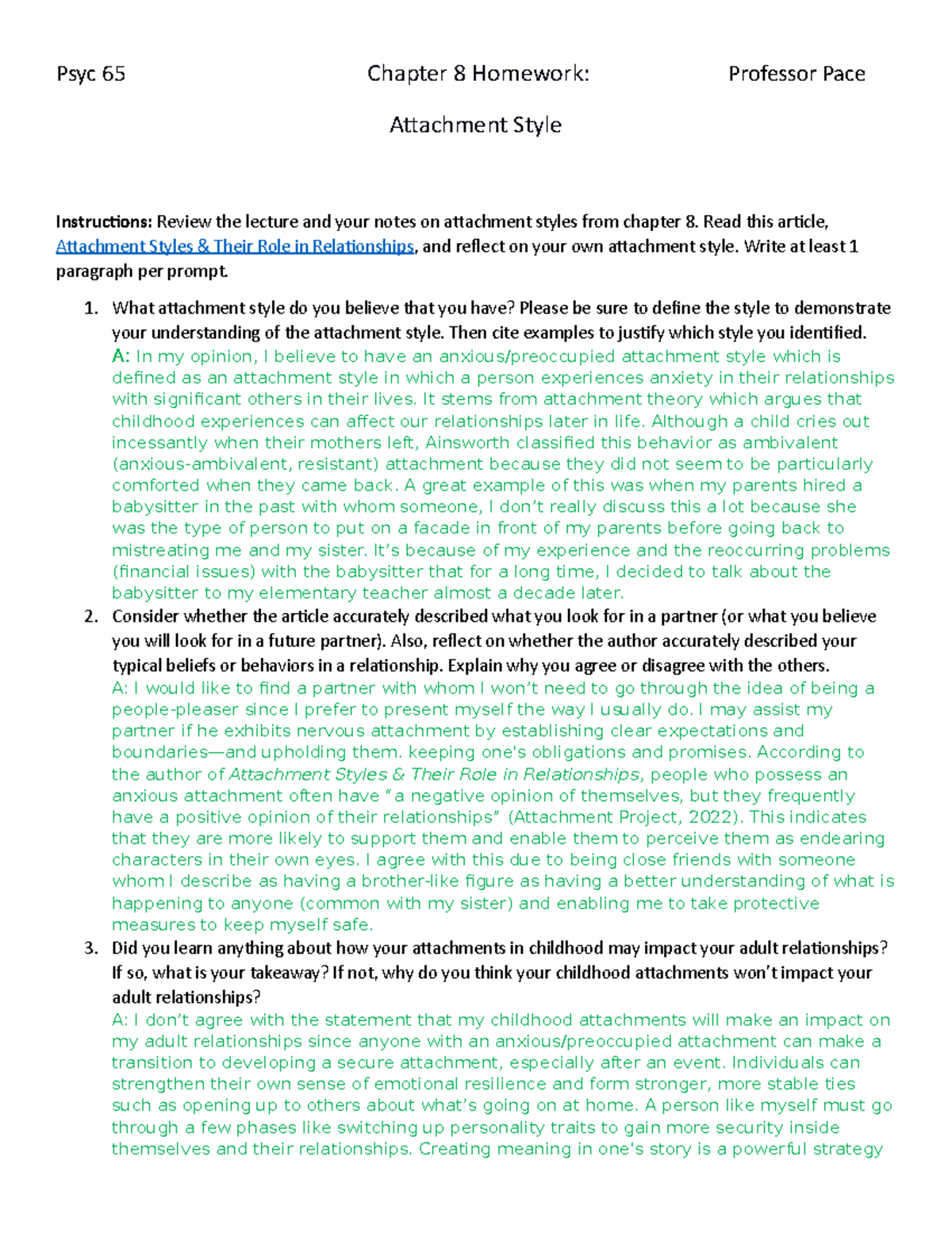 Chapter 8 Homework - Attachment Style - Psyc 65 Chapter 8 Homework ...
