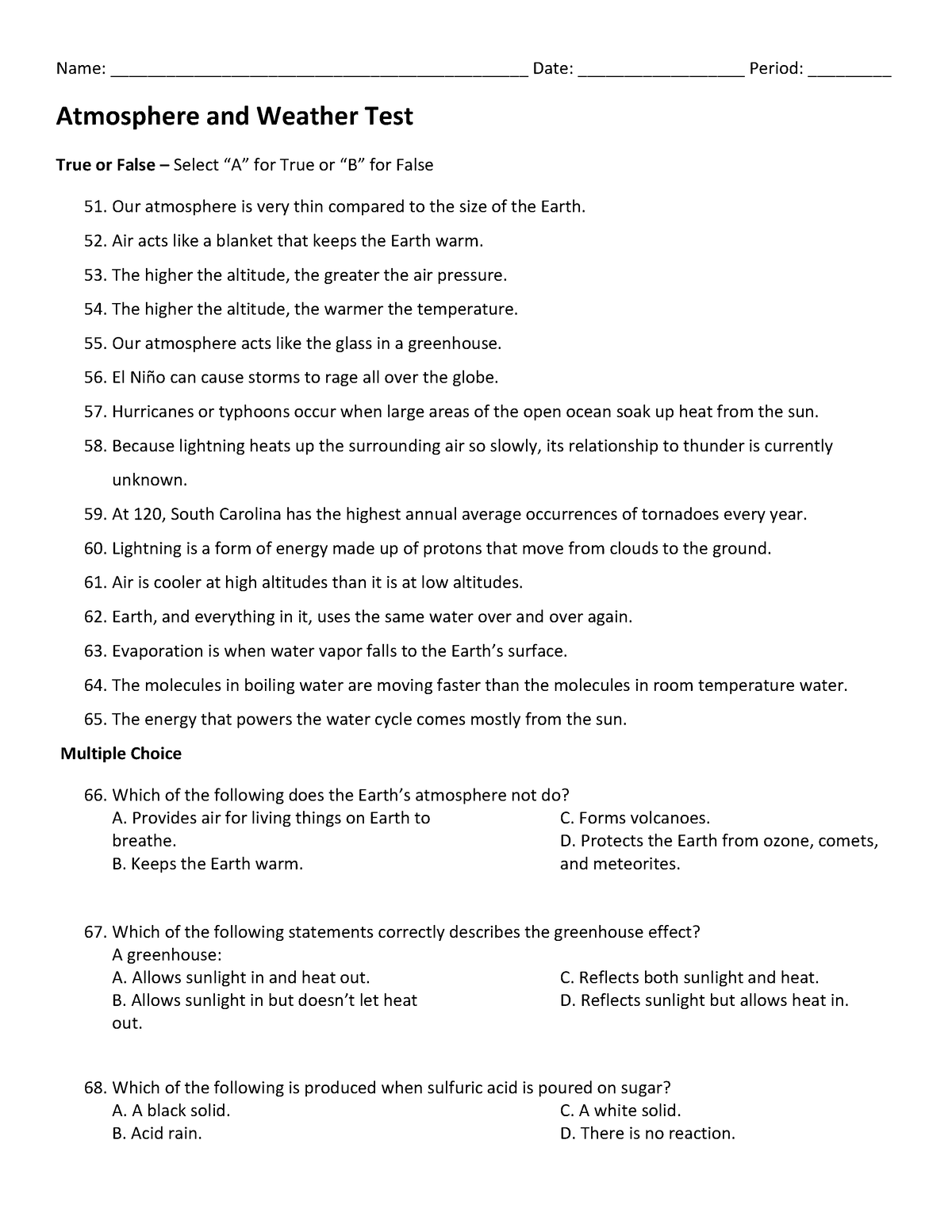 Earth Science Test 5 Atmosphere and Weather - Name