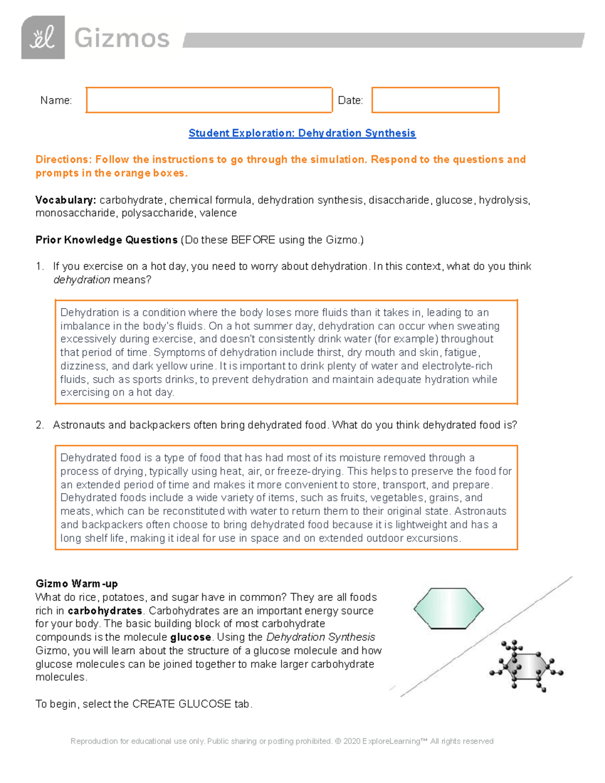 Dehydration Synthesis SE - Name: Date: Student Exploration: Dehydration ...