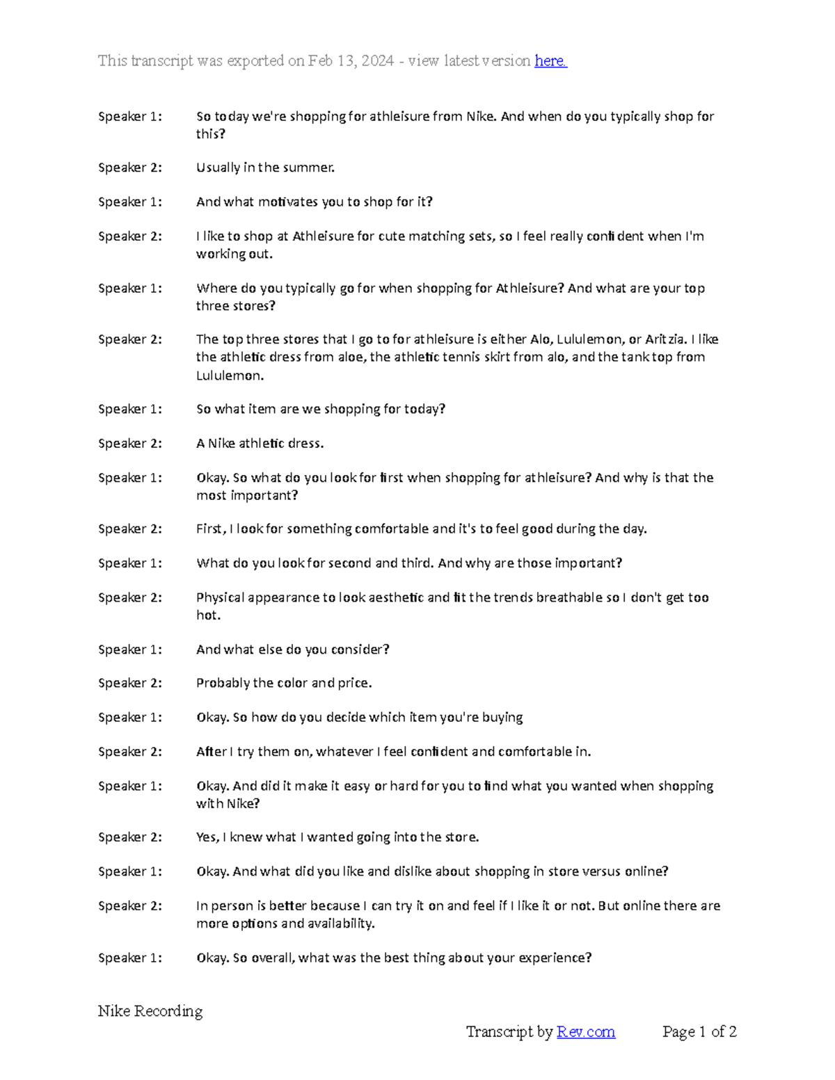 Nike Recording Transcript - This transcript was exported on Feb 13 ...