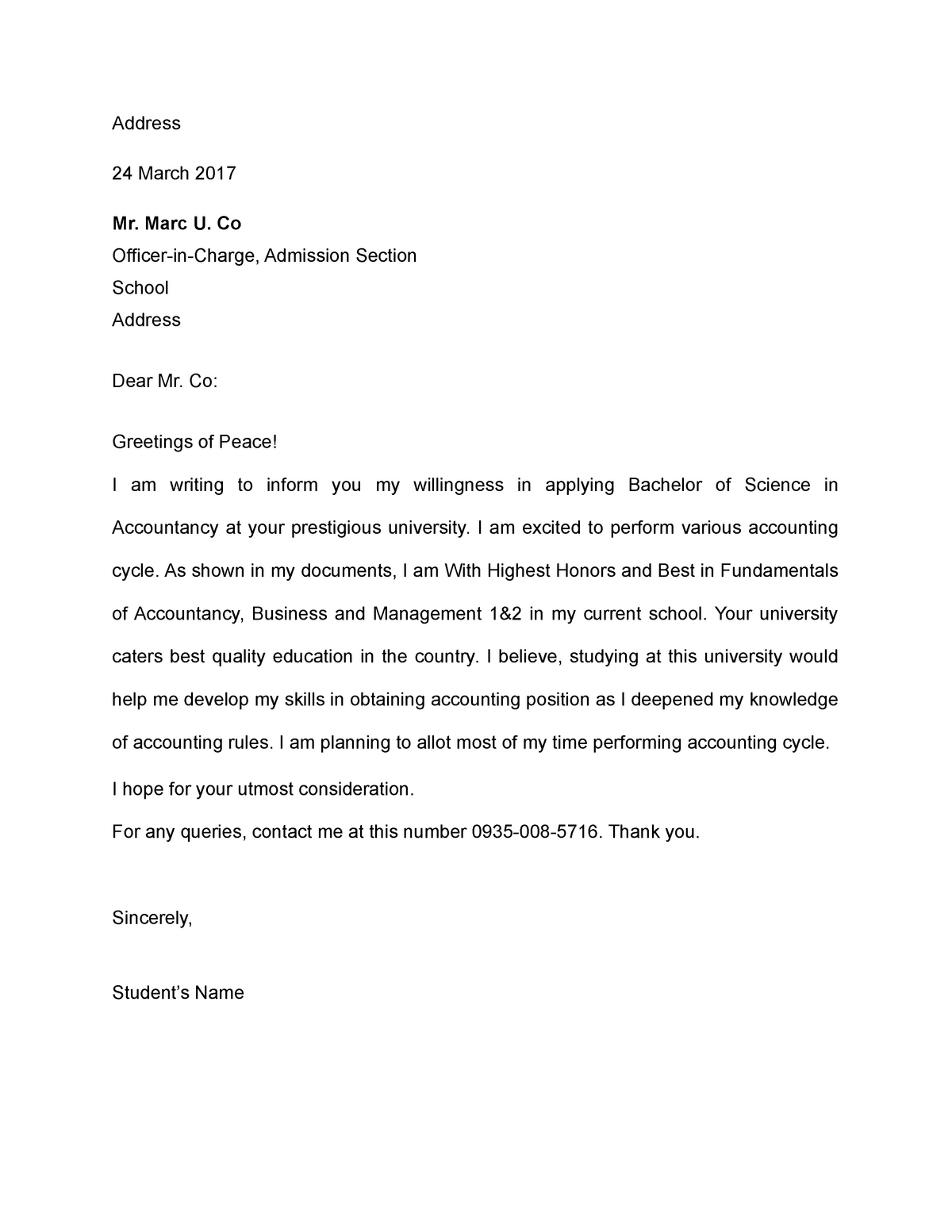 Sample of College Admission Letter - Address 13 March 13 Mr