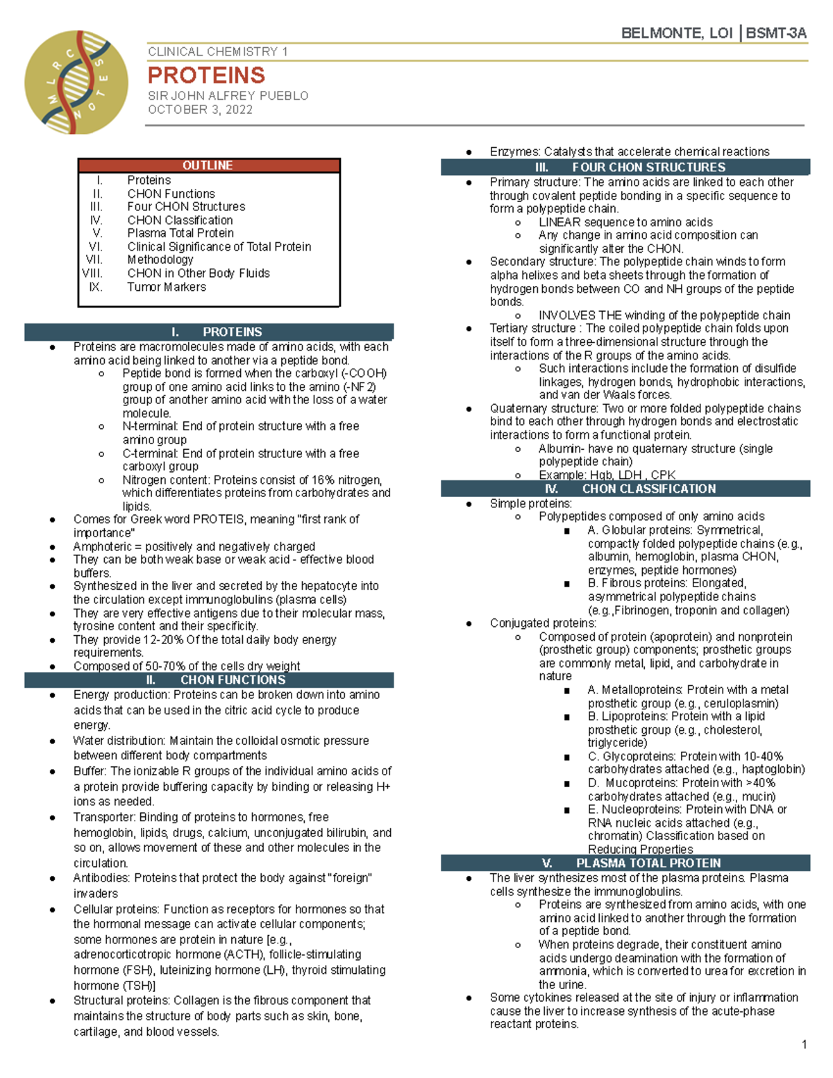 (CC) Proteins - BELMONTE, LOI │BSMT-3A CLINICAL CHEMISTRY 1 PROTEINS ...