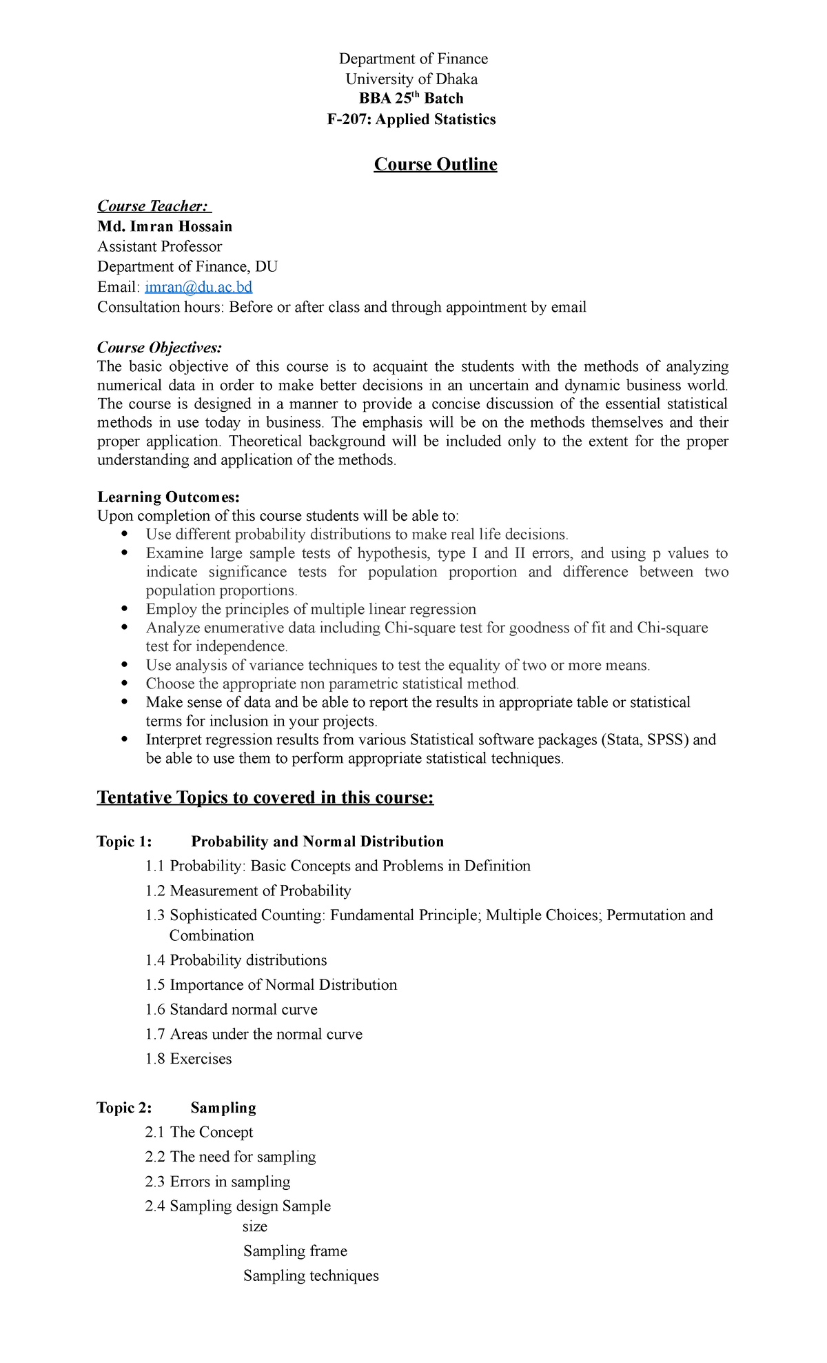 Course Outline. F-207 Applied Statistics (Sec B+C) - Department of ...