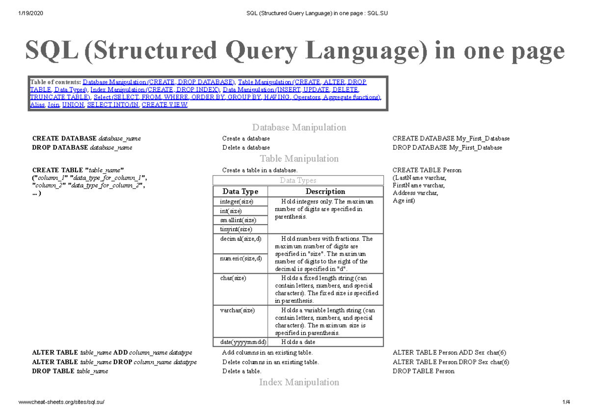 SQL (Structured Query Language) in one page SQL - SQL (Structured Query ...
