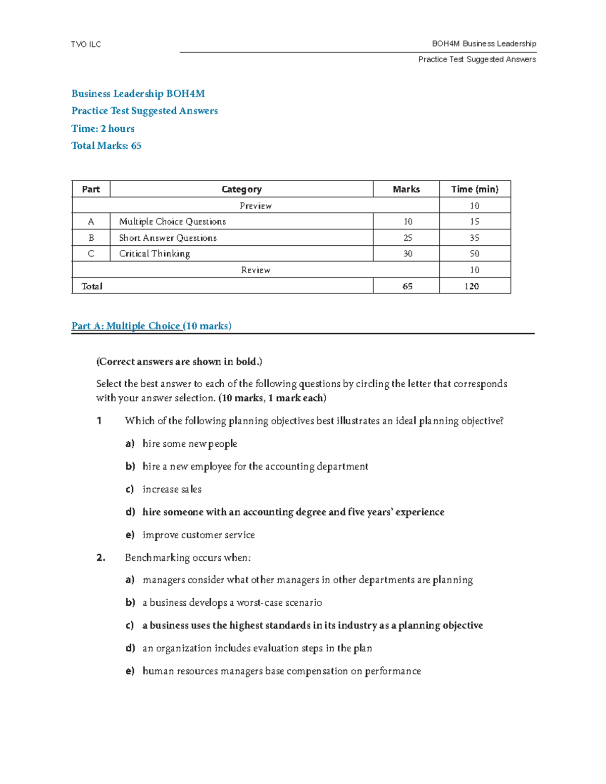 BOH4M - Practice Test Suggested Answers - Business Leadership BOH4M ...