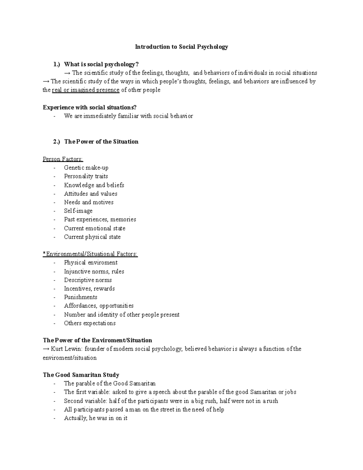 PSY2200 Class Notes 1 - Introduction to Social Psychology 1.) What is ...