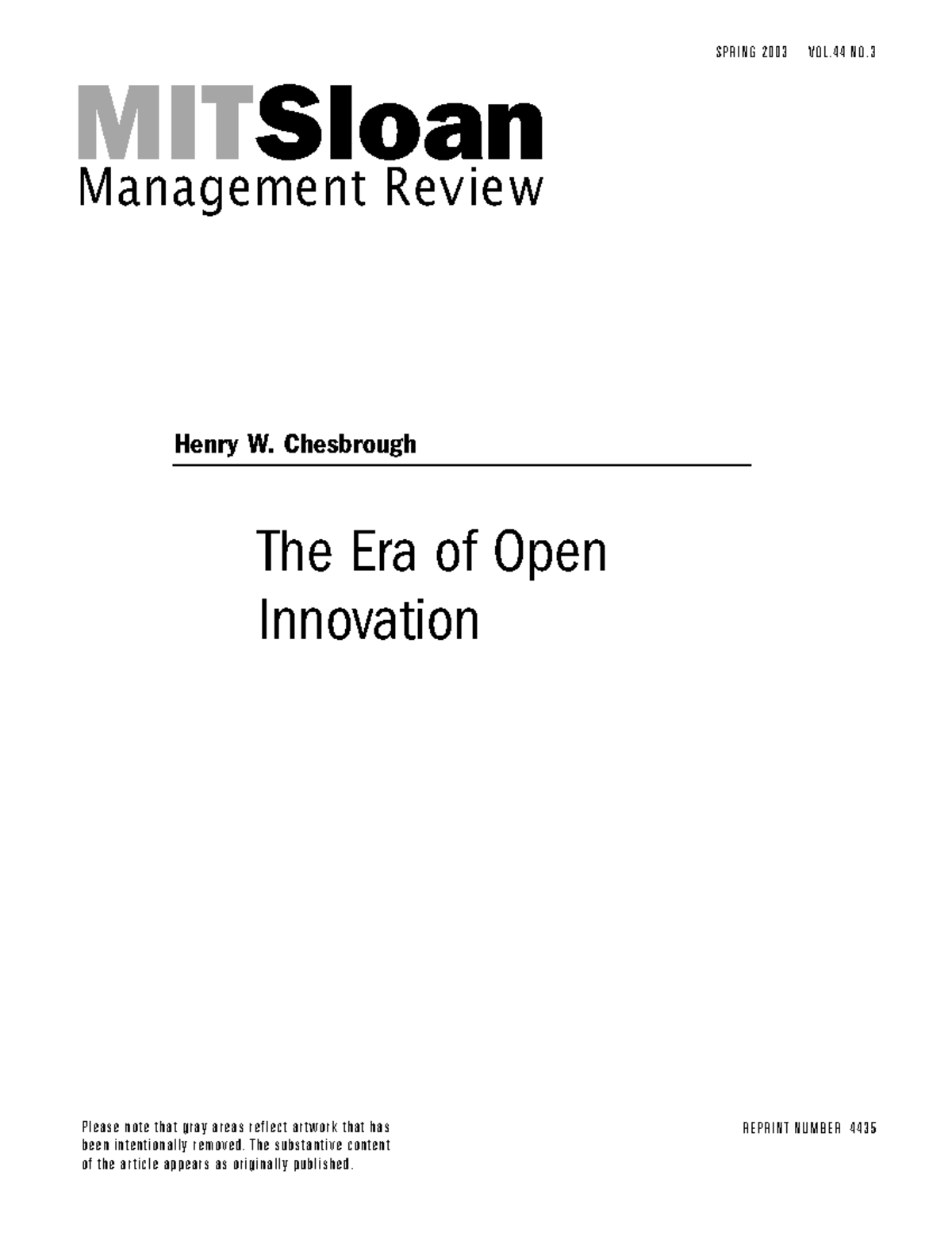 Chesbrough SMR 2003 - Open innovation paper - The Era of Open ...