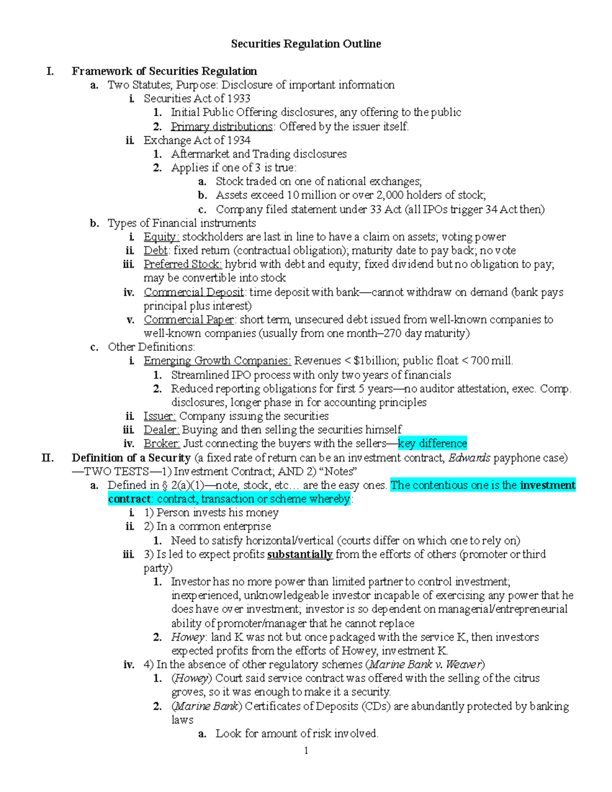 Securities Regulation Outline Framework of Securities Regulation a