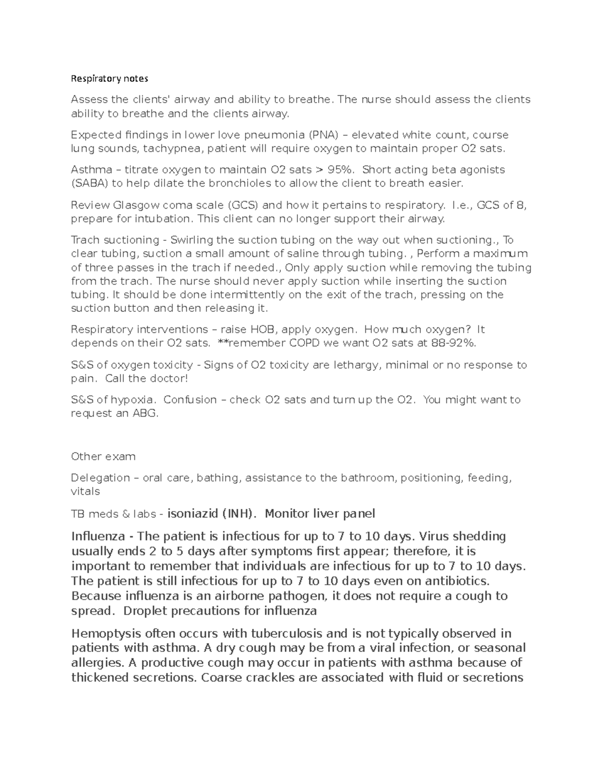 Exam 3 guide - Exam 3 resources - Respiratory notes Assess the clients ...