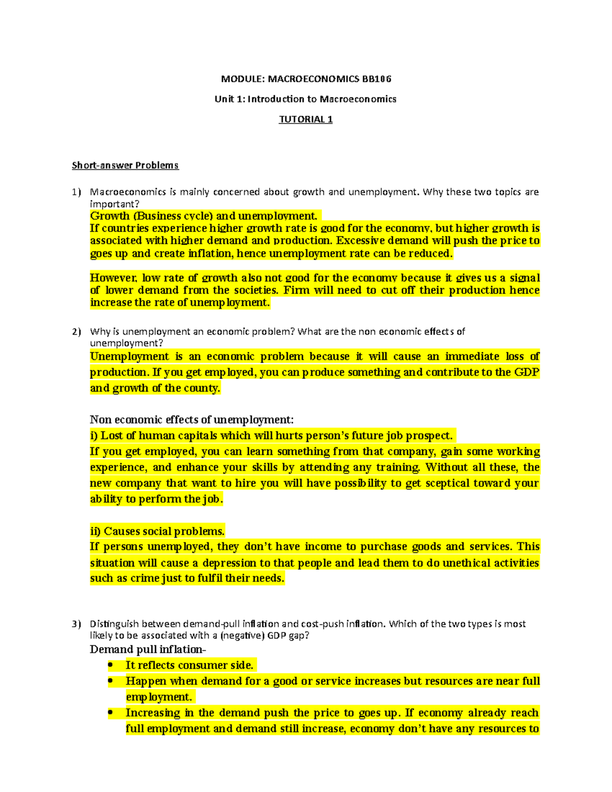 T1 L - Answer - MODULE: MACROECONOMICS BB Unit 1: Introduction To ...