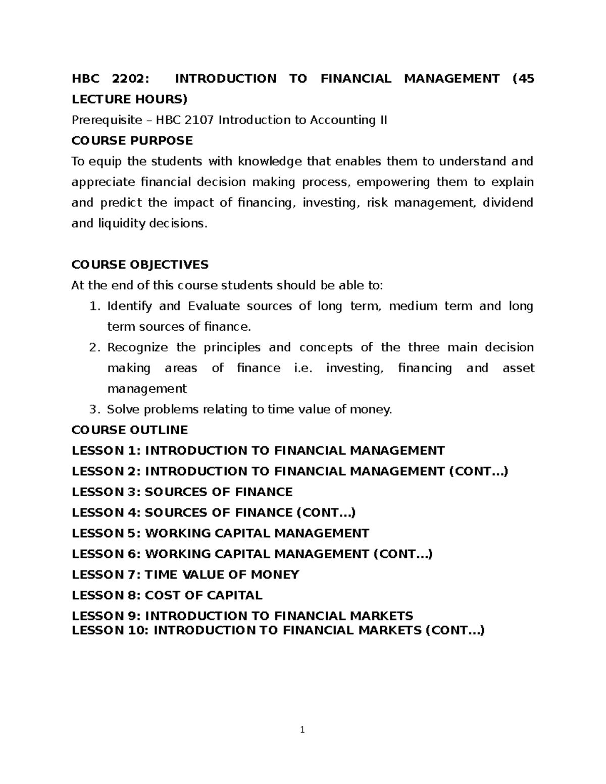 Introduction TO Financial Management HBC 2202 INTRODUCTION TO