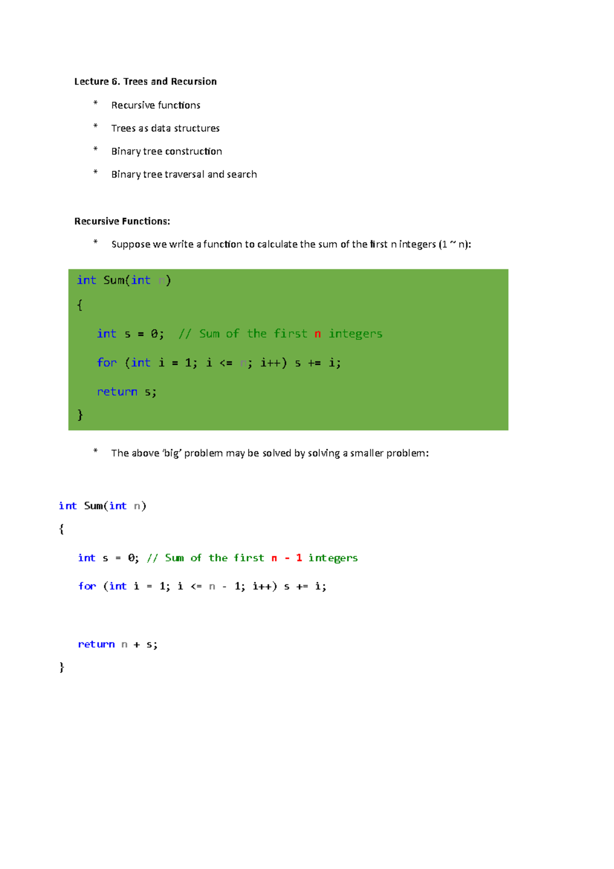 Recursion 1 - Lecture Notes 6 - Lecture 6. Trees And Recursion ...