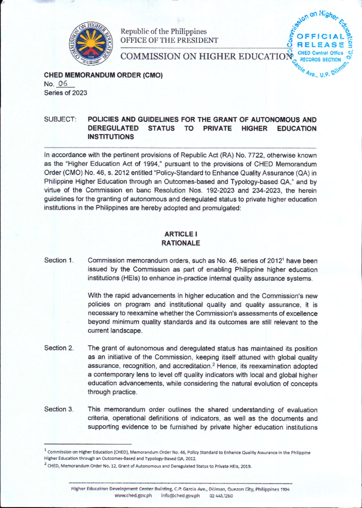 CMO-No 06 series 2023 - on Higher HIGHER Republic of the Philippines ...