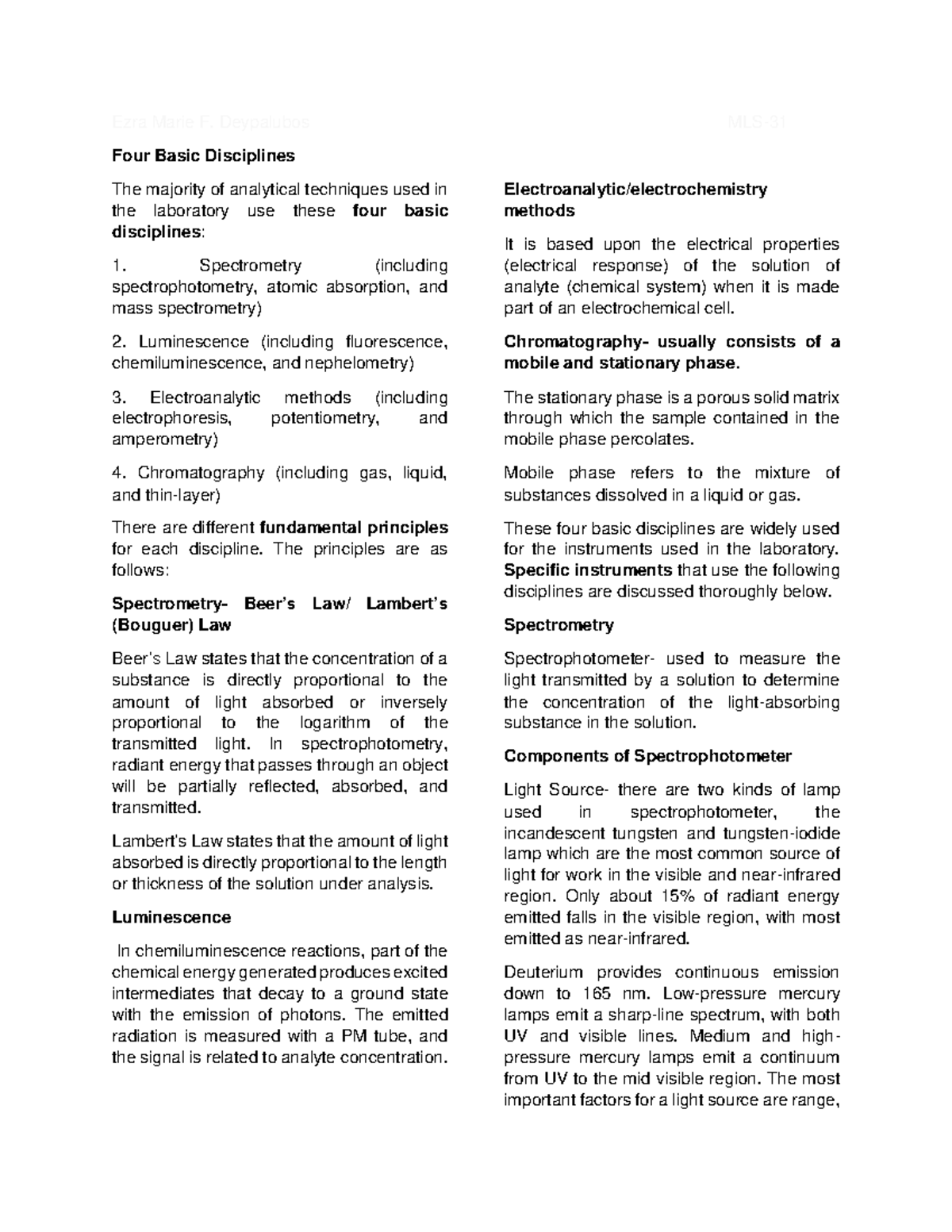 FOUR Basic Disciplines IN Clinical Chemistry - Ezra Marie F. Deypalubos ...