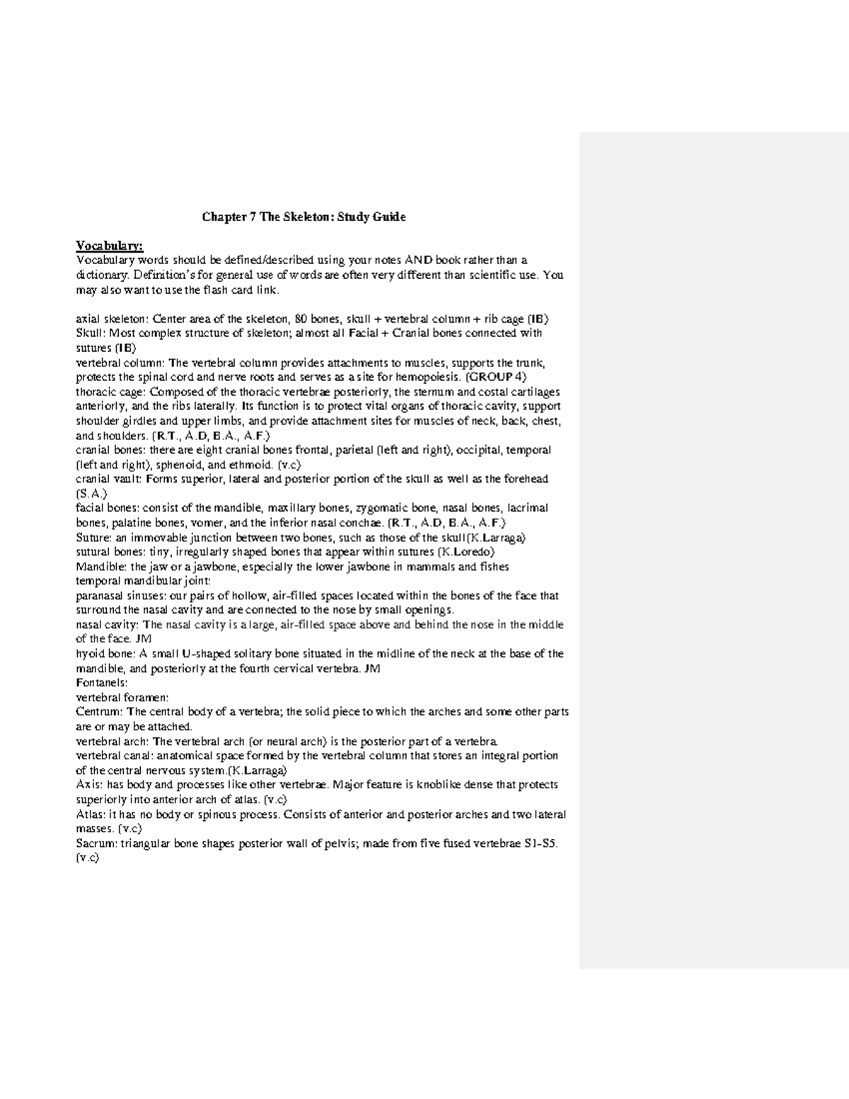 Chapter 7 The Skeleton Study Guide - Chapter 7 The Skeleton: Study ...