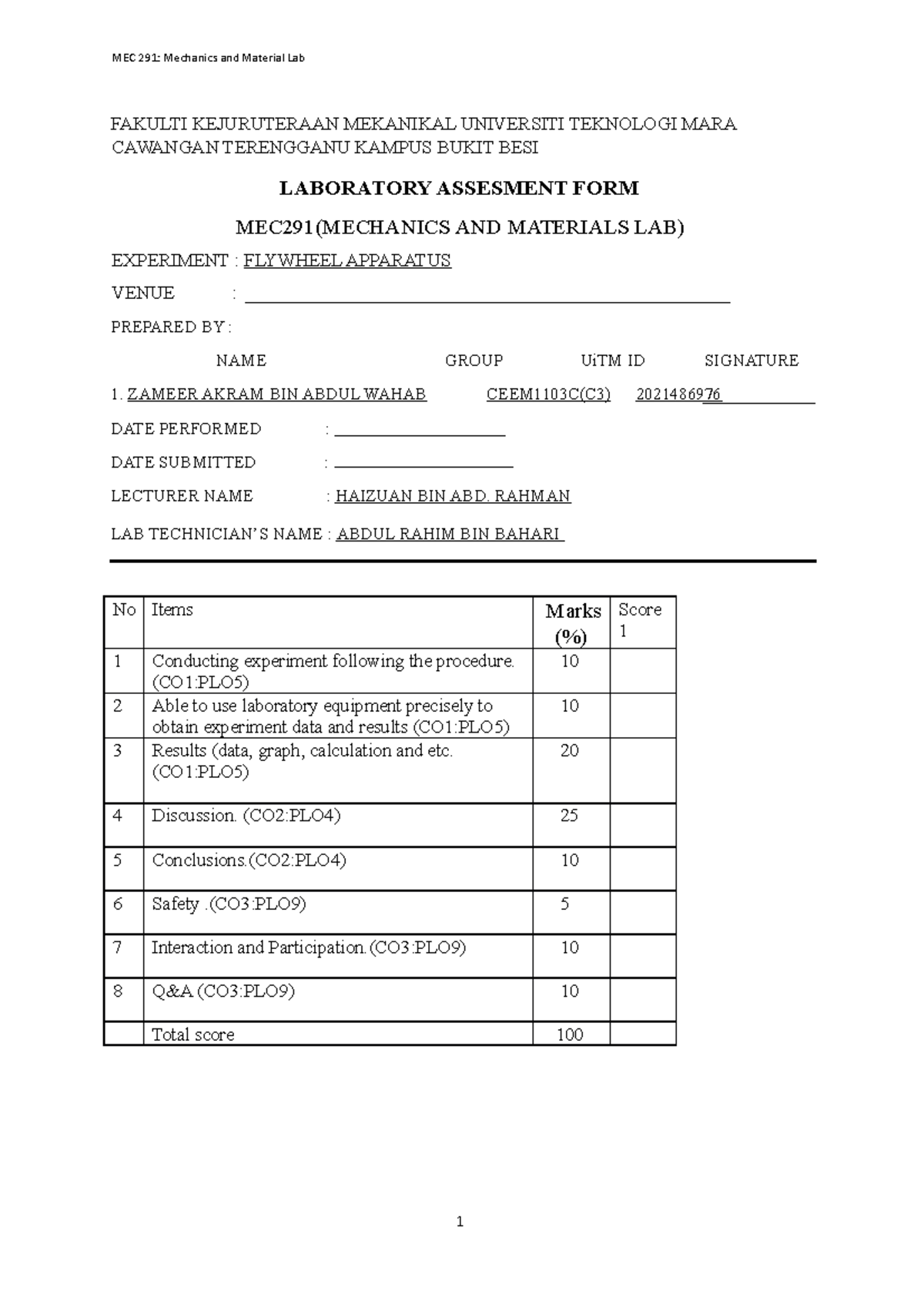 Report FLY Wheel LAB REPORT FAKULTI KEJURUTERAAN MEKANIKAL UNIVERSITI