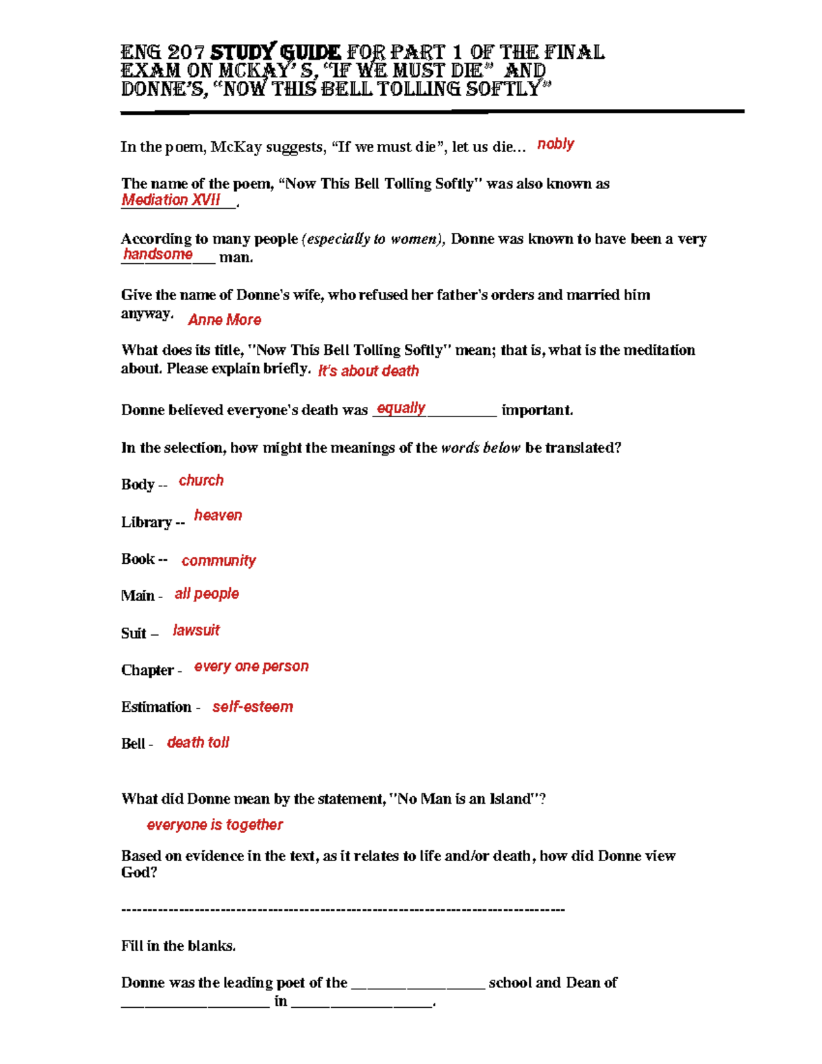 ENG 207 Study Guide for Part 1 of the Final exam on Mc Kay and Donne ...